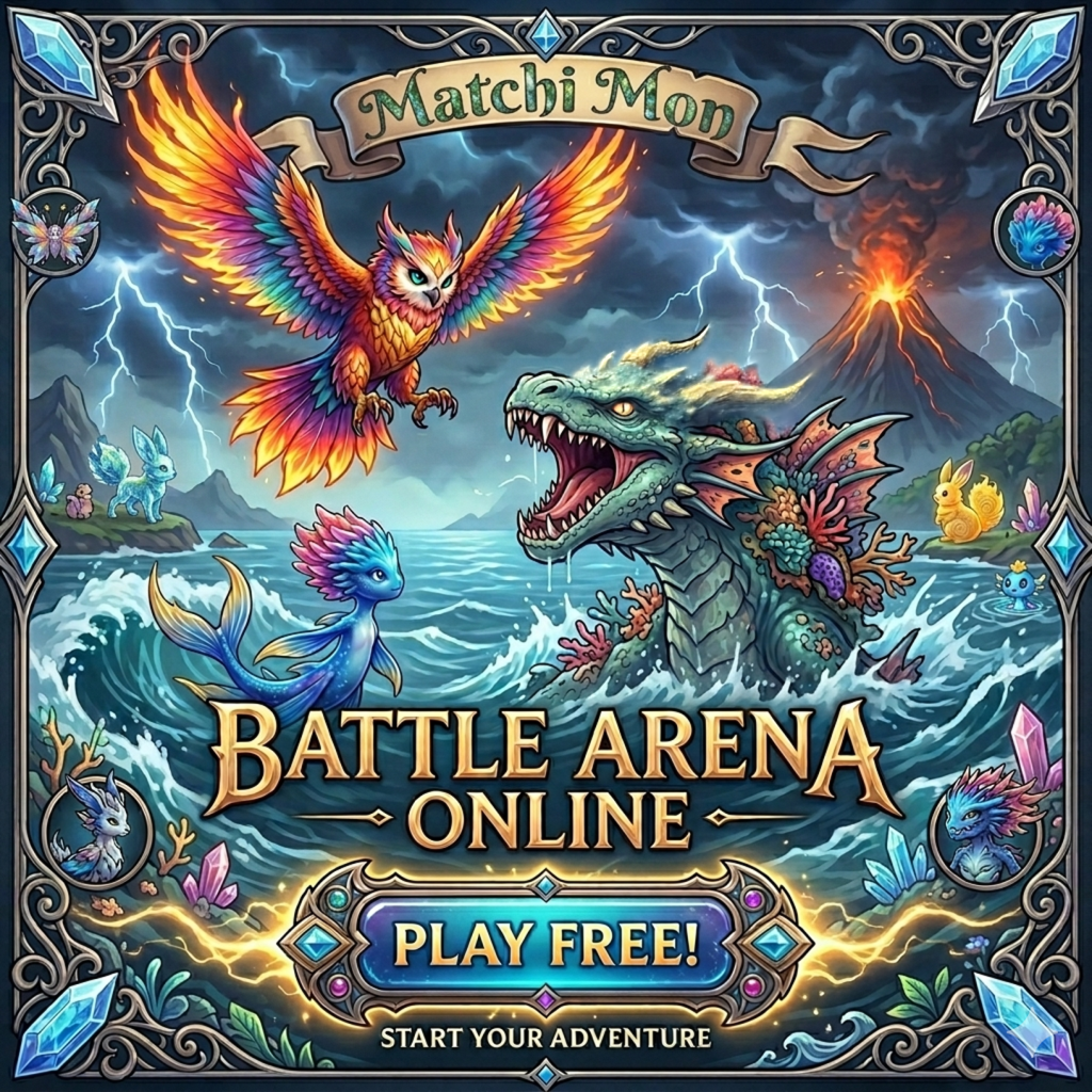 Matchi Mon Battle Arena Online promotional poster with creatures and crystals