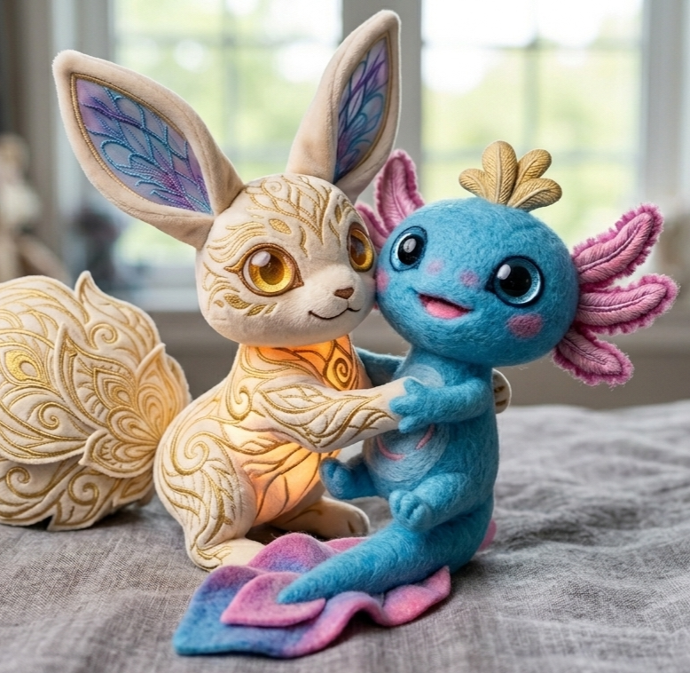 A cream bunny and blue axolotl Matchi Mon plush toy duo