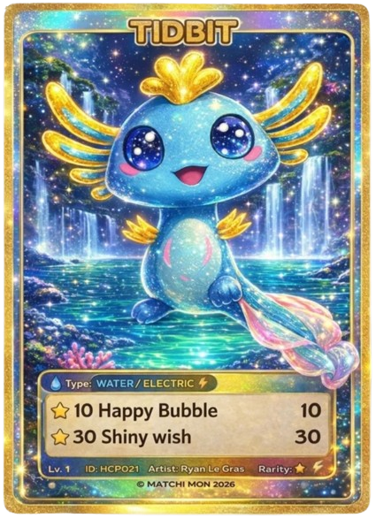 Tidbit, a holographic WATER/ELECTRIC Matchi Mon trading card